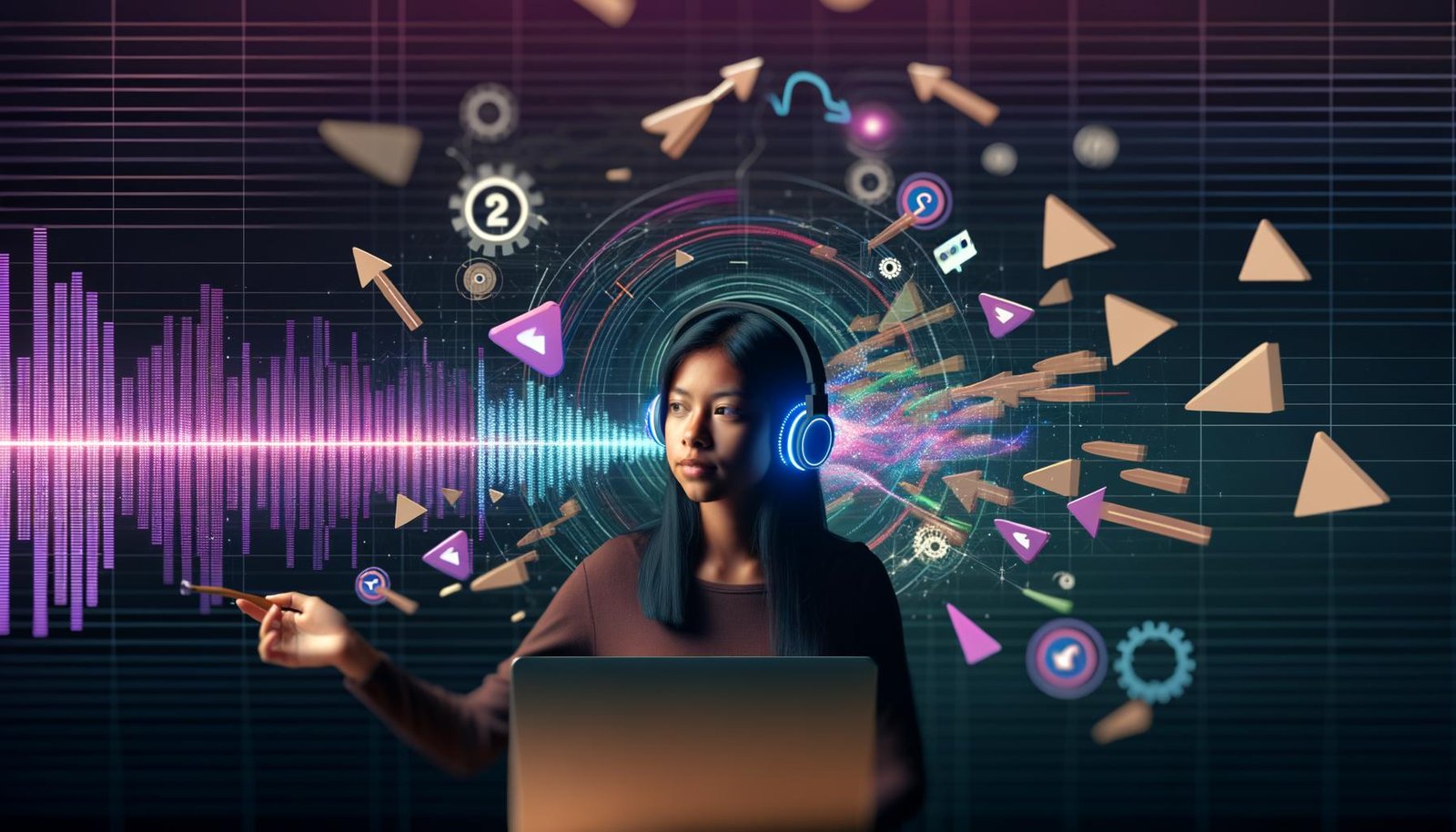 Illustration einer jungen Creatorin mit Kopfhörern, Laptop und Smartphone, umgeben von Soundwellen und YouTube-Shorts-Symbolen vor digitalen Diagrammen.