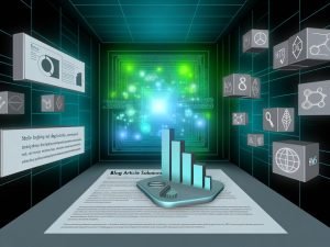 Futuristisches Dashboard mit dynamischen Datenanalysen und schwebenden digitalen Symbolen für SEO, Mobile-Optimierung und Blog-Architektur vor einem leuchtenden HTML5-Tags-Labyrinth.