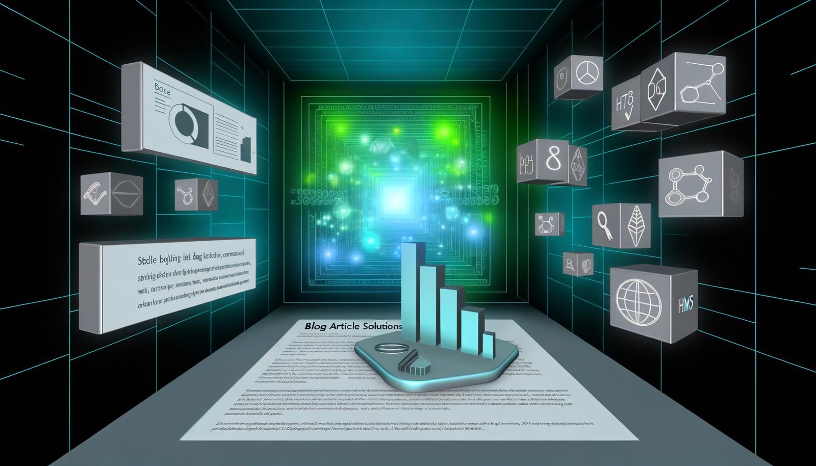 Futuristisches Dashboard mit dynamischen Datenanalysen und schwebenden digitalen Symbolen für SEO, Mobile-Optimierung und Blog-Architektur vor einem leuchtenden HTML5-Tags-Labyrinth.