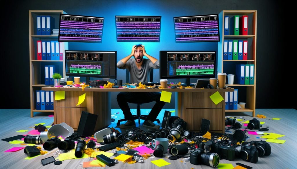 Frustrierter Videoeditor sitzt an einem chaotischen Arbeitsplatz mit mehreren Monitoren, Kameraequipment und leerem Kaffee- sowie Red Bull-Bechern.