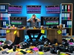 Frustrierter Videoeditor sitzt an einem chaotischen Arbeitsplatz mit mehreren Monitoren, Kameraequipment und leerem Kaffee- sowie Red Bull-Bechern.