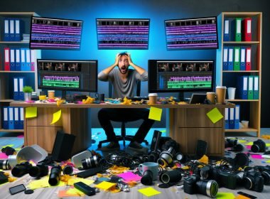 Frustrierter Videoeditor sitzt an einem chaotischen Arbeitsplatz mit mehreren Monitoren, Kameraequipment und leerem Kaffee- sowie Red Bull-Bechern.