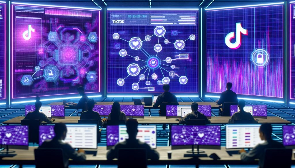 Futuristischer Kontrollraum in TikTok-Lila und Neonblau mit urbanem Performance-Marketing-Team, großen Bildschirmen mit Algorithmen und pulsierenden TikTok-Logos, visuellem Blueprint-Diagramm und digitalen Geräten.