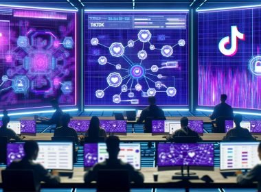 Futuristischer Kontrollraum in TikTok-Lila und Neonblau mit urbanem Performance-Marketing-Team, großen Bildschirmen mit Algorithmen und pulsierenden TikTok-Logos, visuellem Blueprint-Diagramm und digitalen Geräten.