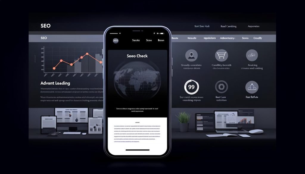 Darkmode SEO-Agentur-Website mit Smartphone-Ansicht, Daten-Dashboards, Kundenlogos, Teamfotos und wachsenden Graphen zur Darstellung realer Ergebnisse.
