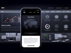 Darkmode SEO-Agentur-Website mit Smartphone-Ansicht, Daten-Dashboards, Kundenlogos, Teamfotos und wachsenden Graphen zur Darstellung realer Ergebnisse.