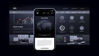 Darkmode SEO-Agentur-Website mit Smartphone-Ansicht, Daten-Dashboards, Kundenlogos, Teamfotos und wachsenden Graphen zur Darstellung realer Ergebnisse.
