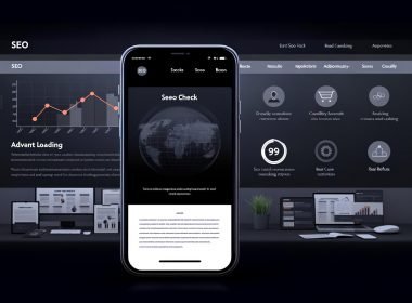Darkmode SEO-Agentur-Website mit Smartphone-Ansicht, Daten-Dashboards, Kundenlogos, Teamfotos und wachsenden Graphen zur Darstellung realer Ergebnisse.