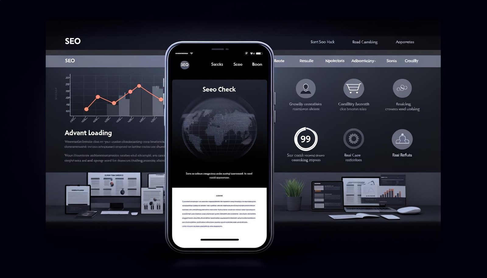 Darkmode SEO-Agentur-Website mit Smartphone-Ansicht, Daten-Dashboards, Kundenlogos, Teamfotos und wachsenden Graphen zur Darstellung realer Ergebnisse.
