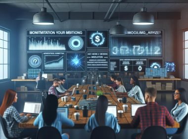 Content-Creators und Blogger:innen arbeiten in einem modernen, industriell gestalteten Redaktionsraum mit Laptops, Kaffeebechern, Statistiken auf Bildschirmen und digitalen Währungssymbolen.