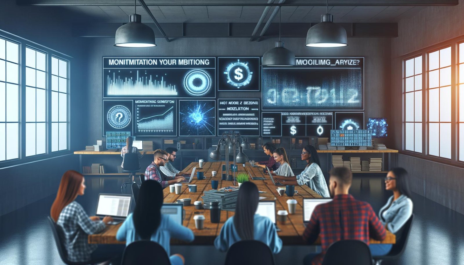 Content-Creators und Blogger:innen arbeiten in einem modernen, industriell gestalteten Redaktionsraum mit Laptops, Kaffeebechern, Statistiken auf Bildschirmen und digitalen Währungssymbolen.