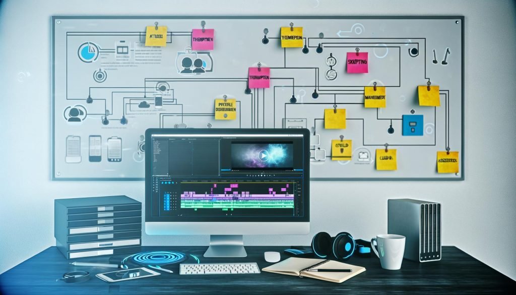 Moderner, organisierter Video-Editing-Arbeitsplatz mit Monitor, Notizen zur Themenplanung, Skripterstellung und Asset-Management sowie digitalen Symbolen für Zusammenarbeit und Dateiorganisation.