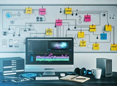 Moderner, organisierter Video-Editing-Arbeitsplatz mit Monitor, Notizen zur Themenplanung, Skripterstellung und Asset-Management sowie digitalen Symbolen für Zusammenarbeit und Dateiorganisation.
