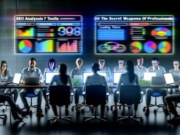 SEO-Profis sitzen im modernen Büro vor großen Monitoren mit bunten Dashboards, Rankings, Ladezeiten und Crawler-Ansichten sowie sichtbarem Schriftzug ‚SEO Analyse Tools: Die Geheimwaffen der Profis‘.
