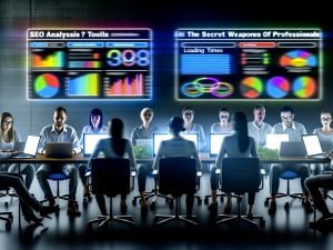 SEO-Profis sitzen im modernen Büro vor großen Monitoren mit bunten Dashboards, Rankings, Ladezeiten und Crawler-Ansichten sowie sichtbarem Schriftzug ‚SEO Analyse Tools: Die Geheimwaffen der Profis‘.