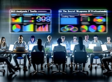 SEO-Profis sitzen im modernen Büro vor großen Monitoren mit bunten Dashboards, Rankings, Ladezeiten und Crawler-Ansichten sowie sichtbarem Schriftzug ‚SEO Analyse Tools: Die Geheimwaffen der Profis‘.