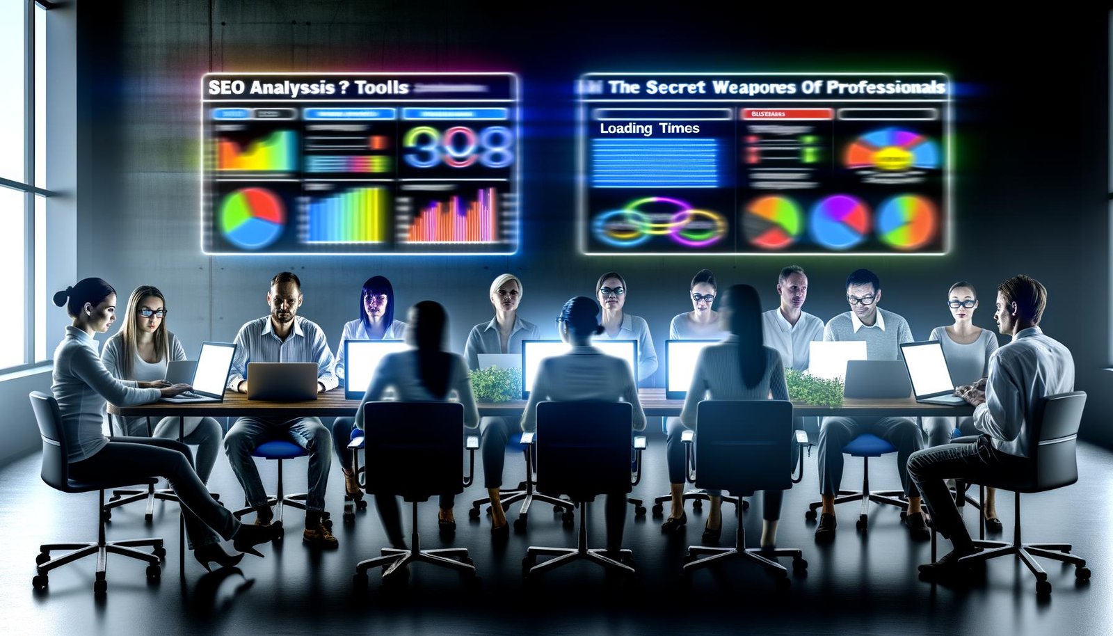 SEO-Profis sitzen im modernen Büro vor großen Monitoren mit bunten Dashboards, Rankings, Ladezeiten und Crawler-Ansichten sowie sichtbarem Schriftzug ‚SEO Analyse Tools: Die Geheimwaffen der Profis‘.
