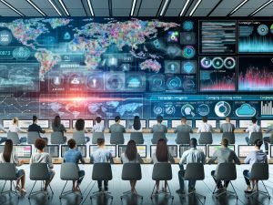 Modernes Büro mit wandfüllendem Dashboard, das farbenfrohe Echtzeitdaten und digitale Metriken zeigt. Junge Marketing-Profis arbeiten an Laptops, während Datenströme und KI-Symbole Innovation vermitteln.