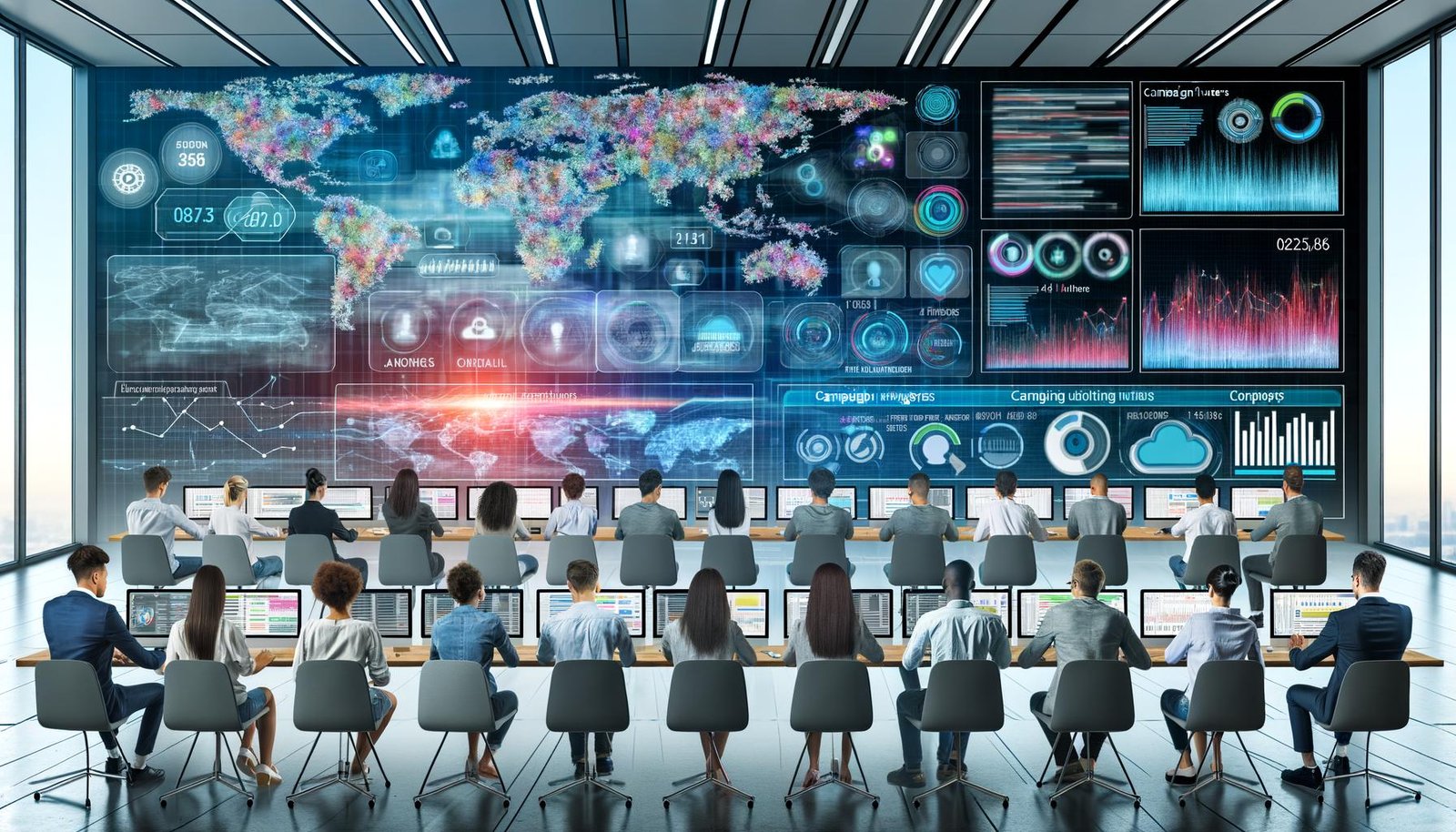 Modernes Büro mit wandfüllendem Dashboard, das farbenfrohe Echtzeitdaten und digitale Metriken zeigt. Junge Marketing-Profis arbeiten an Laptops, während Datenströme und KI-Symbole Innovation vermitteln.