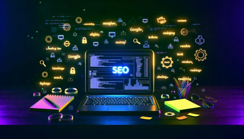 Aufgeklappter Laptop auf dunklem Schreibtisch mit SEO-Dashboard, Diagrammen und fliegenden Analyse-Icons, Neon-Akzente und leuchtende Schlagwörter im Nachthintergrund.