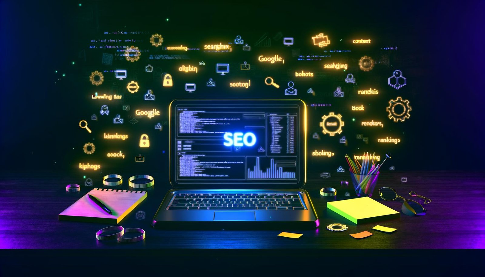 Aufgeklappter Laptop auf dunklem Schreibtisch mit SEO-Dashboard, Diagrammen und fliegenden Analyse-Icons, Neon-Akzente und leuchtende Schlagwörter im Nachthintergrund.