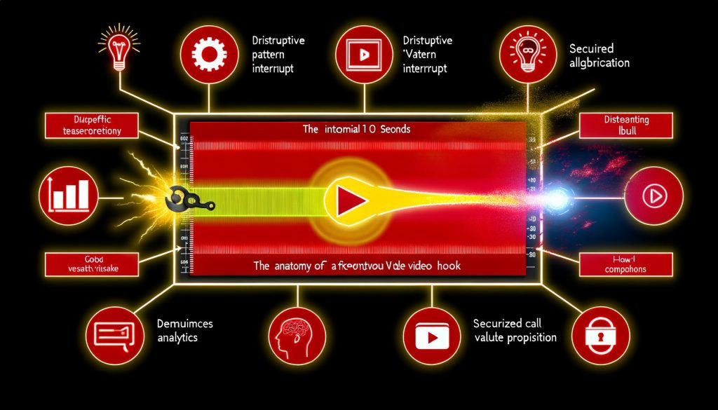 Bild einer modernen YouTube-Video-Timeline mit markierten ersten 10 Sekunden, umgeben von Symbolen wie Lichtbirne für Wertversprechen, Schatztruhe für Cliffhanger und Call-to-Action-Button; technische, minimalistische Gestaltung in YouTube-Farben.