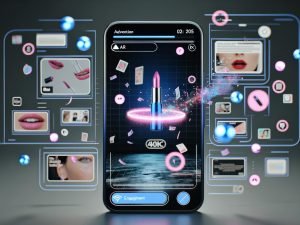 Moderner Smartphone-Bildschirm mit lebendigem TikTok-Feed, integriertem Spark Ad, AR-Effekten für Virtual Try-on, und farbenfrohen Social Icons auf minimalistischem Hintergrund.
