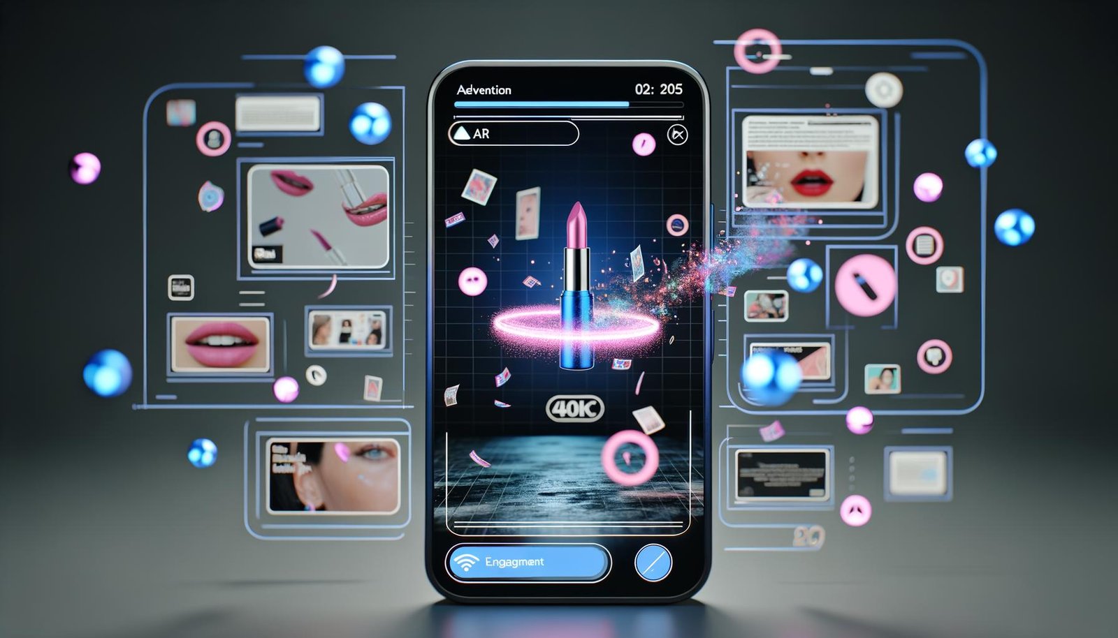 Moderner Smartphone-Bildschirm mit lebendigem TikTok-Feed, integriertem Spark Ad, AR-Effekten für Virtual Try-on, und farbenfrohen Social Icons auf minimalistischem Hintergrund.