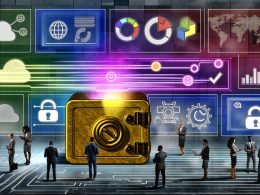 Digitale Illustration einer Marketing-Umgebung mit goldenem Tresor, Datenströmen, Business-Personen und Dashboard für First Party Data, während Third-Party-Cookies im Hintergrund verblassen.