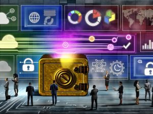 Digitale Illustration einer Marketing-Umgebung mit goldenem Tresor, Datenströmen, Business-Personen und Dashboard für First Party Data, während Third-Party-Cookies im Hintergrund verblassen.