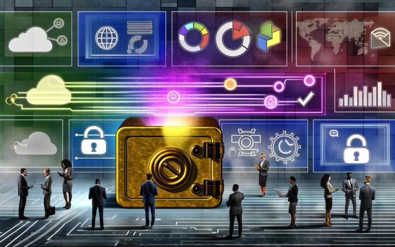 Digitale Illustration einer Marketing-Umgebung mit goldenem Tresor, Datenströmen, Business-Personen und Dashboard für First Party Data, während Third-Party-Cookies im Hintergrund verblassen.