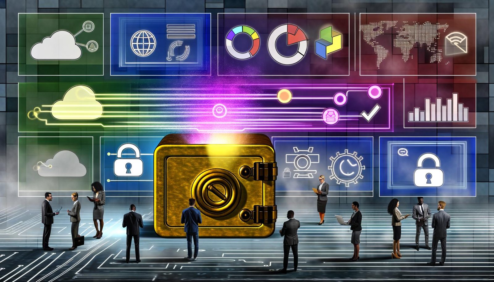 Digitale Illustration einer Marketing-Umgebung mit goldenem Tresor, Datenströmen, Business-Personen und Dashboard für First Party Data, während Third-Party-Cookies im Hintergrund verblassen.