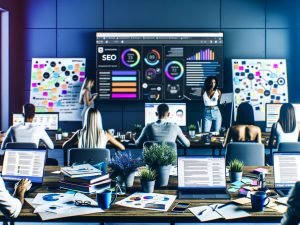 Dynamisches Content-Marketing-Team arbeitet im modernen Büro an Redaktionsplan, umgeben von Whiteboards, Laptops mit SEO-Tools und digitalen Dashboards.