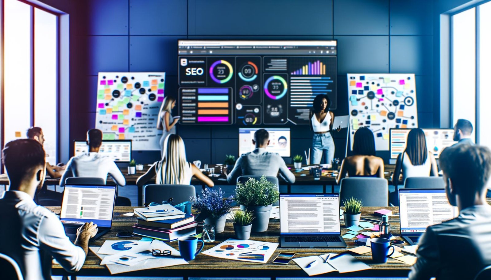 Dynamisches Content-Marketing-Team arbeitet im modernen Büro an Redaktionsplan, umgeben von Whiteboards, Laptops mit SEO-Tools und digitalen Dashboards.