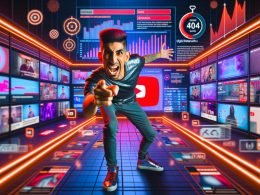 YouTuber im futuristischen Studio mit Bildschirmen, die Live-Analysen, Zuschauerbindung und Video-Timelines zeigen, umgeben von Thumbnails und Stoppuhren, unter dramatischem Neonlicht.