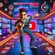 YouTuber im futuristischen Studio mit Bildschirmen, die Live-Analysen, Zuschauerbindung und Video-Timelines zeigen, umgeben von Thumbnails und Stoppuhren, unter dramatischem Neonlicht.