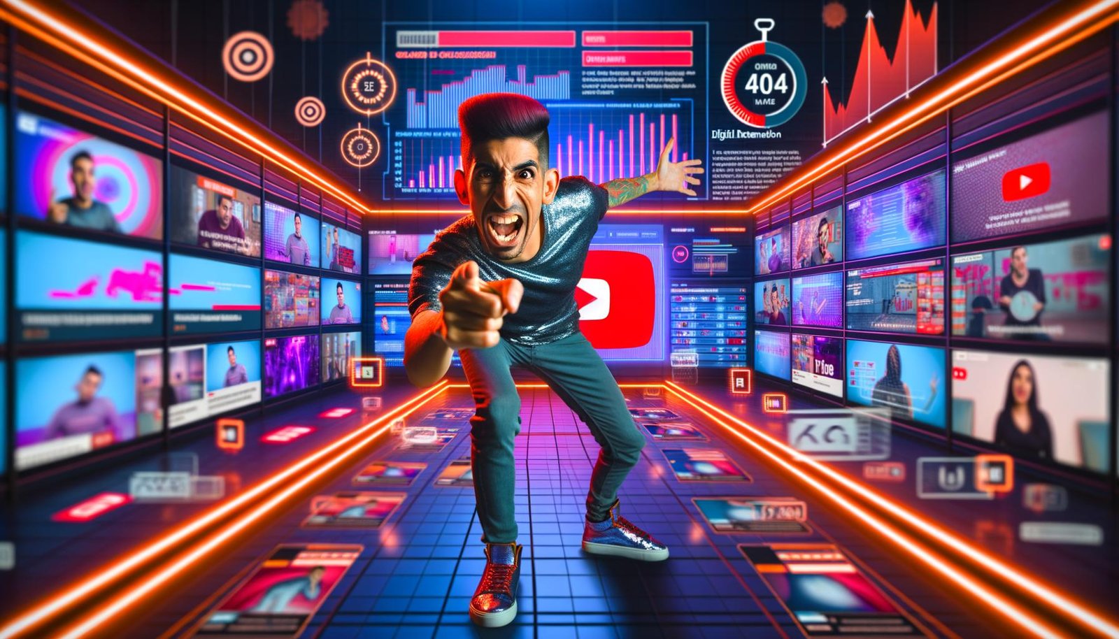 YouTuber im futuristischen Studio mit Bildschirmen, die Live-Analysen, Zuschauerbindung und Video-Timelines zeigen, umgeben von Thumbnails und Stoppuhren, unter dramatischem Neonlicht.