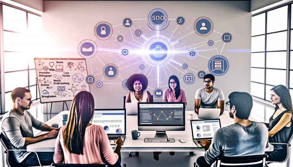 Modernes Redaktionsteam im offenen Büro analysiert SEO-Dashboards, umgeben von Whiteboard-Diagrammen, CMS-Logos und digitalen Vernetzungen zu Social Media und mobilen Geräten.