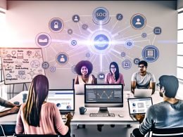 Modernes Redaktionsteam im offenen Büro analysiert SEO-Dashboards, umgeben von Whiteboard-Diagrammen, CMS-Logos und digitalen Vernetzungen zu Social Media und mobilen Geräten.