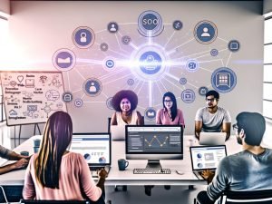 Modernes Redaktionsteam im offenen Büro analysiert SEO-Dashboards, umgeben von Whiteboard-Diagrammen, CMS-Logos und digitalen Vernetzungen zu Social Media und mobilen Geräten.