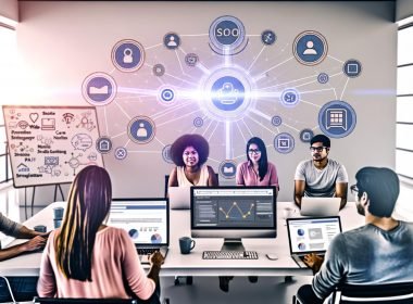 Modernes Redaktionsteam im offenen Büro analysiert SEO-Dashboards, umgeben von Whiteboard-Diagrammen, CMS-Logos und digitalen Vernetzungen zu Social Media und mobilen Geräten.