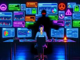 Moderner Marketer in dunklem Büro mit mehreren Bildschirmen, überlagert von Cookie-Bannern, Fehlermeldungen und einem Schatten namens 'Data-Darkness'.