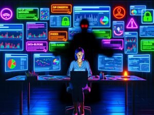 Moderner Marketer in dunklem Büro mit mehreren Bildschirmen, überlagert von Cookie-Bannern, Fehlermeldungen und einem Schatten namens 'Data-Darkness'.