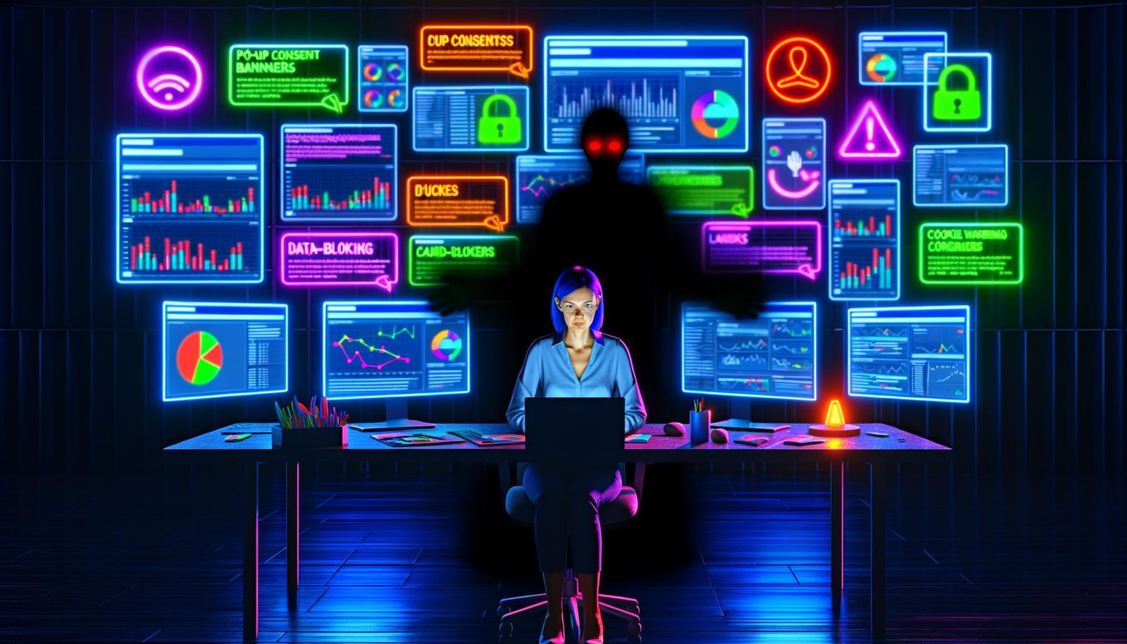 Moderner Marketer in dunklem Büro mit mehreren Bildschirmen, überlagert von Cookie-Bannern, Fehlermeldungen und einem Schatten namens 'Data-Darkness'.