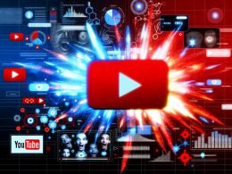 Modernes YouTube-Interface mit viralen Inhalten, dynamischen Diagrammen und leuchtenden roten und blauen Lichtern, die digitale Analyse und Wettbewerb visualisieren.