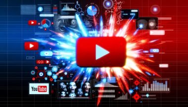 Modernes YouTube-Interface mit viralen Inhalten, dynamischen Diagrammen und leuchtenden roten und blauen Lichtern, die digitale Analyse und Wettbewerb visualisieren.