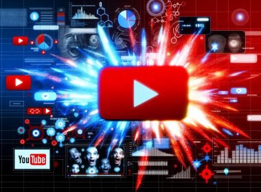 Modernes YouTube-Interface mit viralen Inhalten, dynamischen Diagrammen und leuchtenden roten und blauen Lichtern, die digitale Analyse und Wettbewerb visualisieren.
