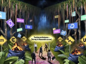 Marketer bahnen sich mit verwirrtem Gesichtsausdruck einen Weg durch einen digitalen Marketing-Dschungel voller Tracking-Codes, Cookie-Symbole und blinkender Dashboards, mit Warnhinweisen auf messbare Performance und verstreuten UTM-Parametern.