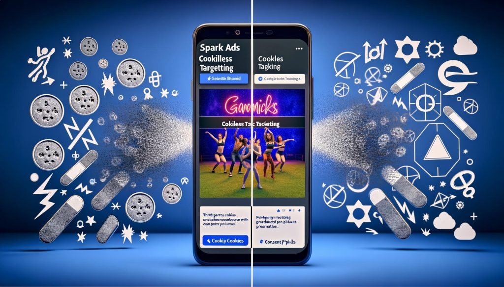 Split-Screen mit TikTok-Feed auf Smartphone und chaotischem klassischen Marketing mit explodierenden Cookies, Bannern und Tracking-Pixeln, zentraler Claim: TikTok Spark Ads cookieless Targeting, DSGVO und Privacy-Symbole.