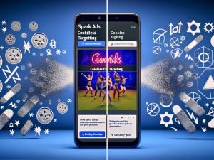 Split-Screen mit TikTok-Feed auf Smartphone und chaotischem klassischen Marketing mit explodierenden Cookies, Bannern und Tracking-Pixeln, zentraler Claim: TikTok Spark Ads cookieless Targeting, DSGVO und Privacy-Symbole.